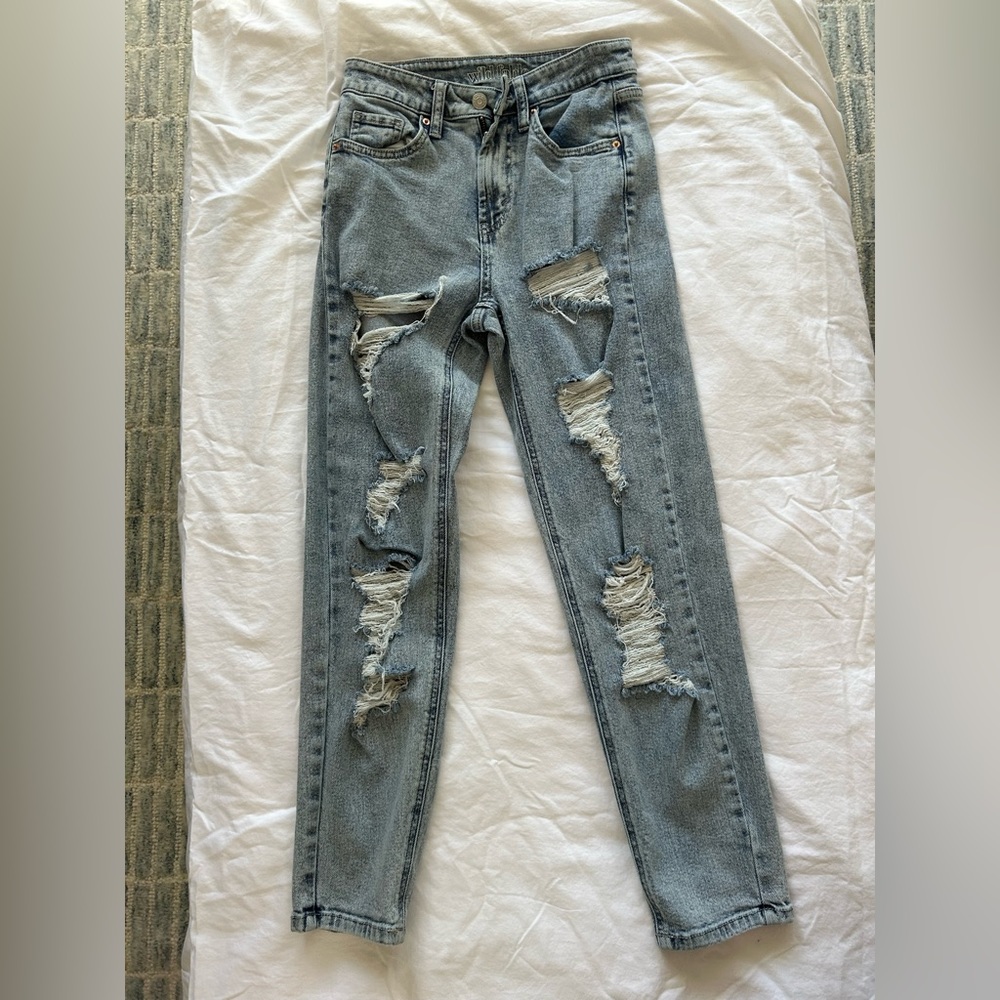 Target wild fable distressed ripped jeans mom straight leg size 00 blue denim